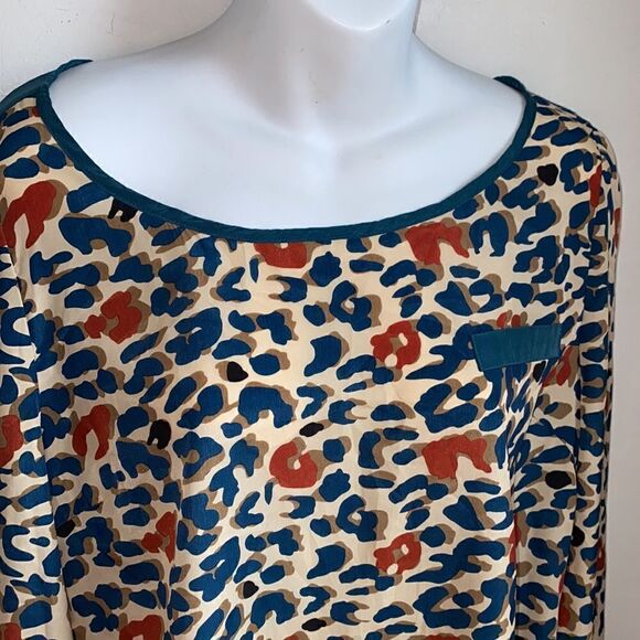 EDGE Turquoise, Cream and Orange Leopard Print Blouse-L - Picture 2 of 7